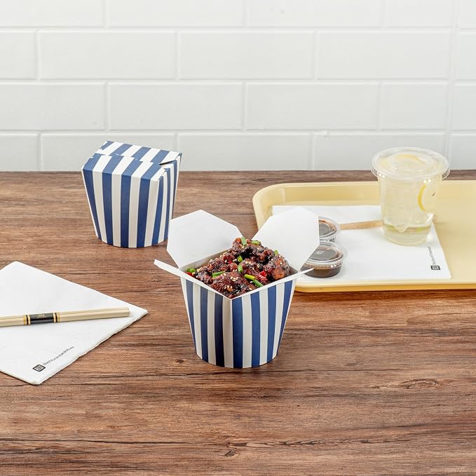 Restaurantware Bio Tek 4 x 3.4 x 3.7 Inch Food Containers, 200 Noodle Takeaway Boxes - Disposable, Striped, Blue And White Paper 26 Ounce Take Out Boxes, Round, For Hot Or Cold Foods - Image 3