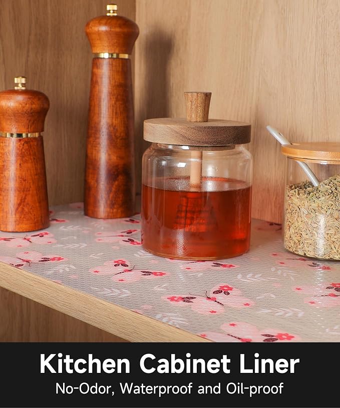 Shelf Liner for Kitchen Cabinets - Non-Adhesive Waterproof and Oil-Proof Drawer Liner, Reusable Protector for Dresser, Wire Shelf, Cupboards(Pink Butterfly, 17.5" W x 360" L) - Image 8