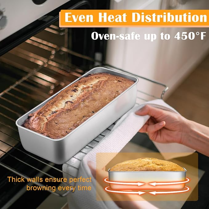 E-far Loaf Pan for Bread Baking-3 Pack, 12” x 5” Stainless Steel Loaf Pans | Large Long Metal Baking Tins for Homemade Bread, Banana Cake Meatloaf Sourdough Lasagna, Nontoxic & Dishwasher Safe - Image 3