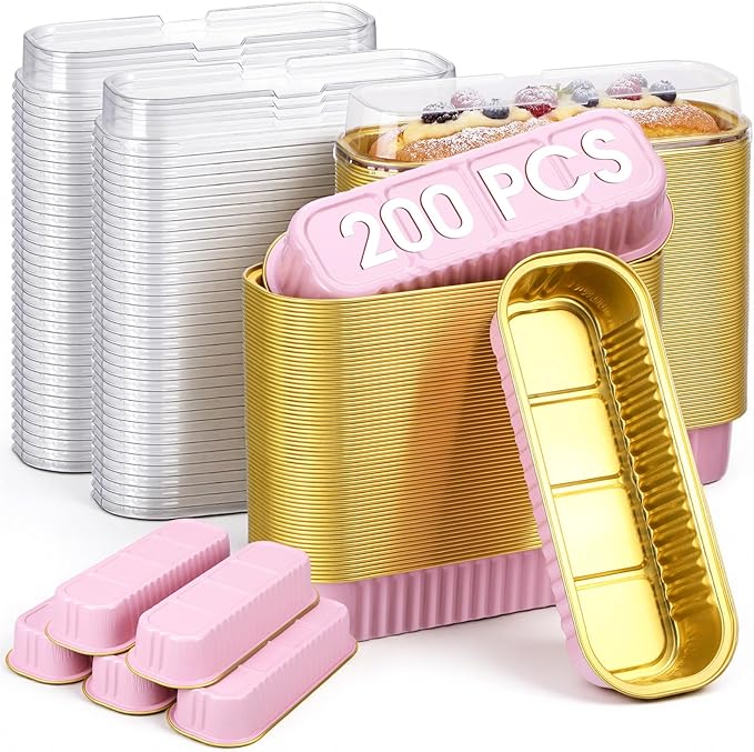 Qunclay 200 Pcs Aluminum Foil Mini Loaf Pans with Lids 6.8 oz Disposable Mini Cake Pan with Lid Rectangle Baking Cups for Party Muffin Cheesecake Ramekins(Pink, Gold) by Qunclay