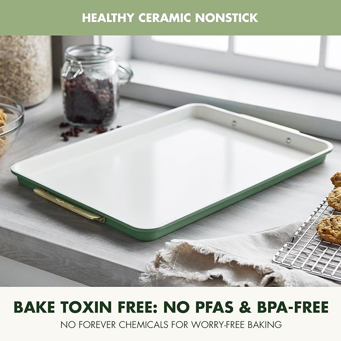 GreenPan Bakeware 13" x 9" Quarter Sheet Pan, Ceramic Nonstick Baking Pan, PFAS & BPA Free, Gold Handles, Durable Steel, Versatile & Space Saving Ovenware, Freezer to Oven Dish, Sage Green - Image 2