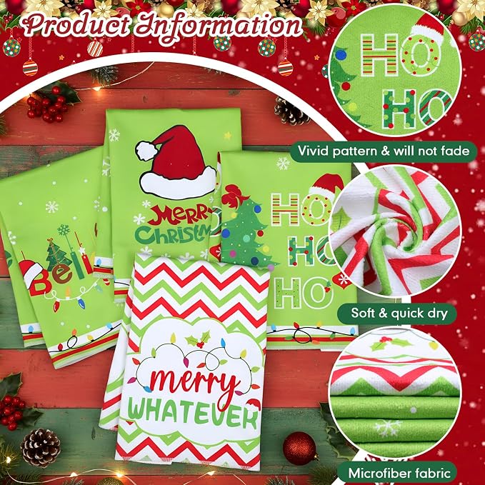 Breling 7 Pcs Lime Green Christmas Kitchen Rug and Towel Set Bathroom Decor Mat Absorbent Dish Hand Towel Xmas Kitchen Decoration Farmhouse Gift - Image 4