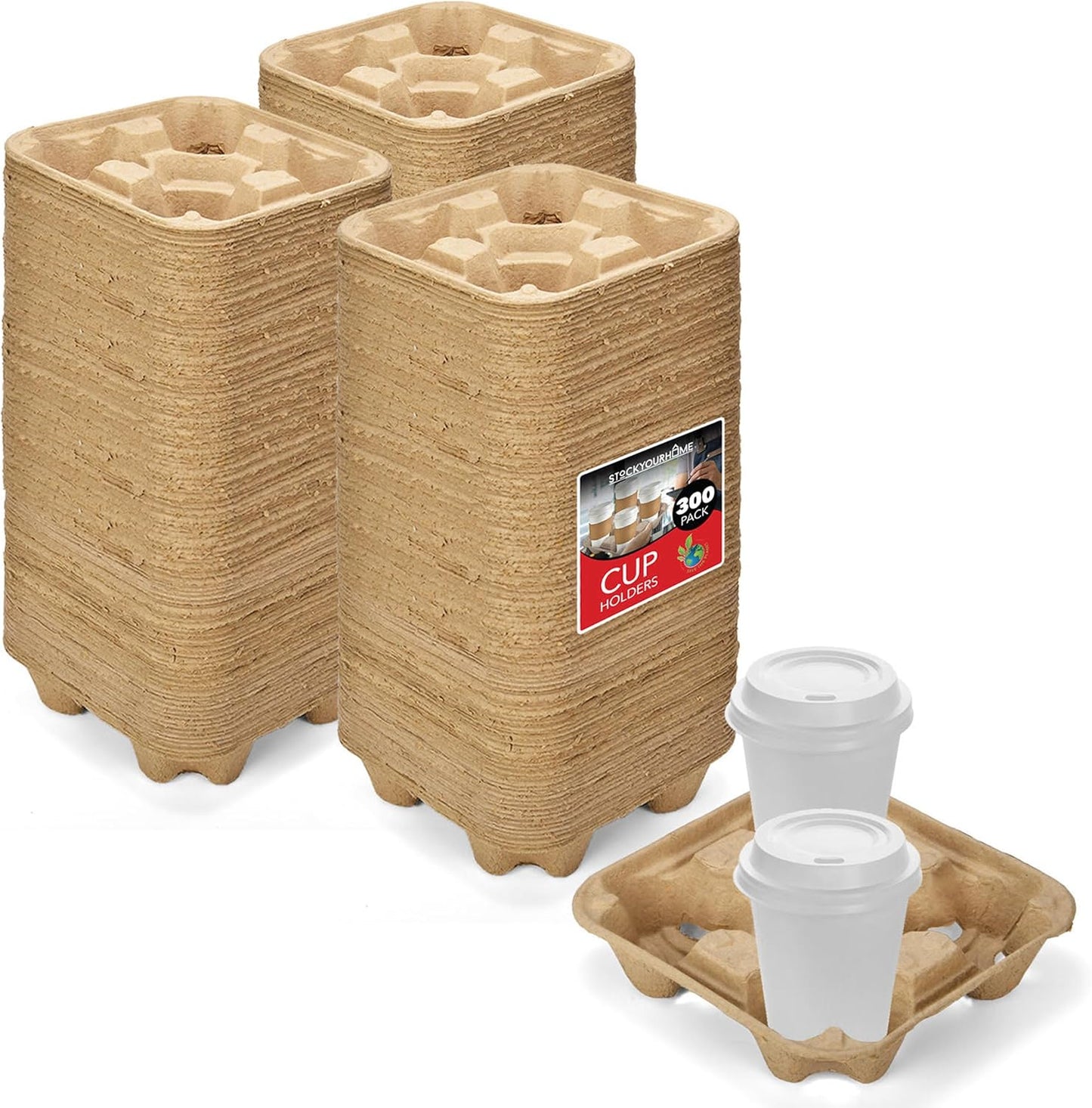 4 Cup Disposable Coffee Tray (300 Count), Commercially Compostable Cup Holder, Durable Drink Carrier for Hot or Cold Drinks, to Go Coffee Cup Holder for Food Delivery Service