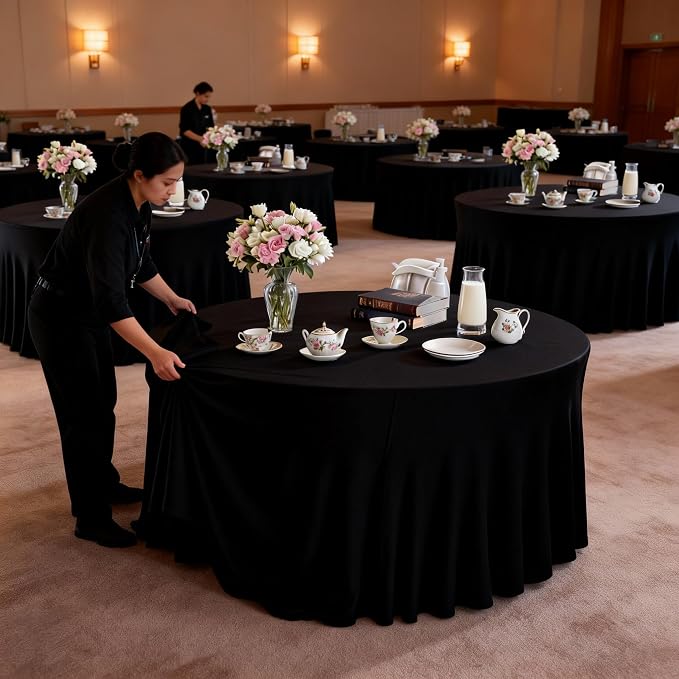10 Pack Black Round Spandex Tablecloths for 60in Tables, 120 Inch Stretch Fitted Table Skirts, Wrinkle-Free Washable Polyester Covers for Wedding, Banquet & Party - Image 4