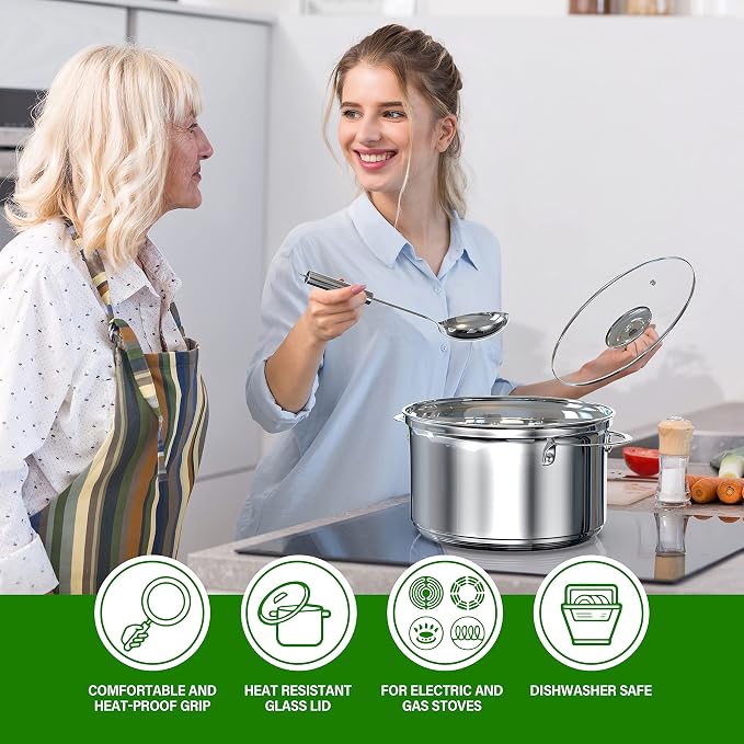 YSSOA 18-Piece Stainless Steel Kitchen Cookware Set, Including Saucepan, Casseroles with Tempered Glass Lid, Frypan, Steamer, Salad Bowl , Fryer Basket, Heat Resistant Mat & Utensils Set, Silver - Image 4