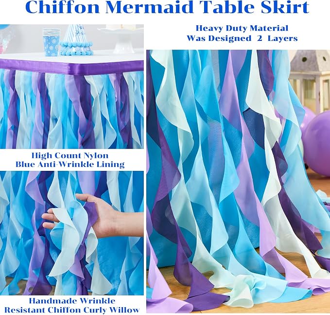 Partisky Mermaid Tulle Tutu Ruffle Curly Willow Table Skirt for Rectangle Table 17ft, Mermaid Themed Party Table Cloth for Girls Birthday Party or Baby Shower - Image 4