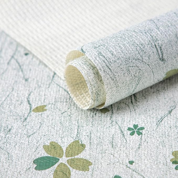 FIFTY FEET 12"x120" Non-Adhesive Shelf Liner for Kitchen Cabinets and Drawers, Washable Non-Slip PVC Cabinet Liner (Green Floral)(2 Roll) by FIFTYFEET
