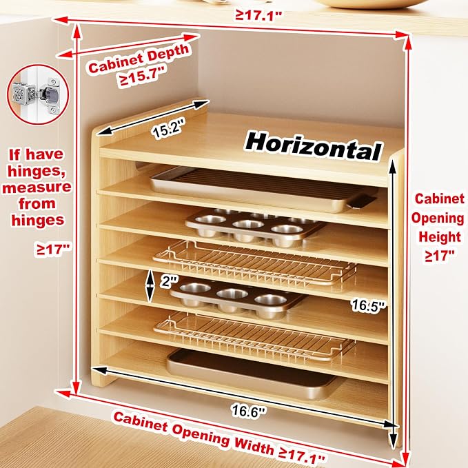 7 Tier Wooden Cookie Sheet Organizer for Cabinet Pot, Pans, Baking Tray Organizer for Kitchen Documents Storage(16.6" W x 16.5" H x 15.2" D) - Image 3