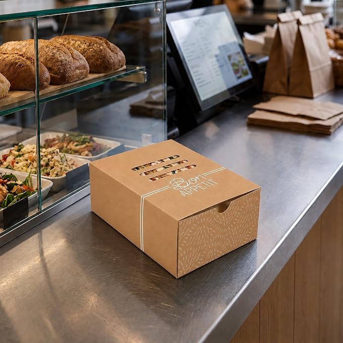 Restaurantware Take Out Food Containers 100 Count 8.3 x 5.7 x 3.7 Inches Paper Sandwich Boxes Disposable Food Packaging Box Design - Image 4