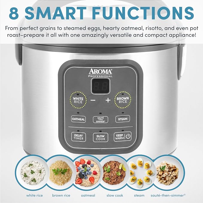AROMA Professional Digital Rice Cooker, Multicooker, 4-Cup (Uncooked) / 8-Cup (Cooked), Steamer, Slow Cooker, Grain Cooker, 2Qt, Stainless Steel Exterior, ARC-994SG - Image 4