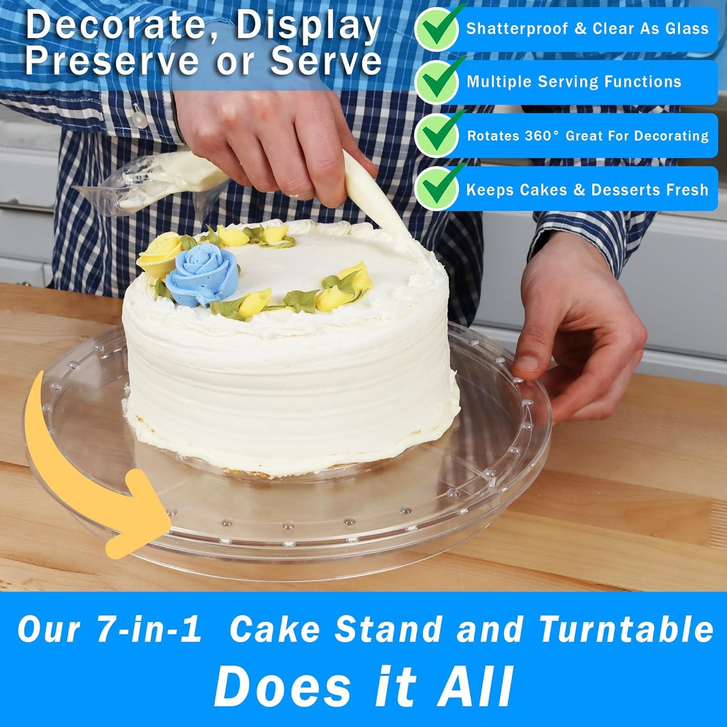 7 in 1 Rotating Multifunctional Acrylic Cake Stand with Lid & Cake Turntable for Decorating (12") - Turntable Decorating Kit Serving Salad Bowl/Veggie Platter/Punch Bowl/Desert Platter - BPA Free