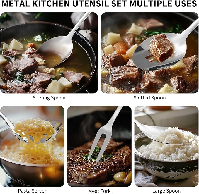 304 Stainless Steel Kitchen Utensils Set, 10 Pcs Metal Cooking Utensil, Mirror Polished Kitchen Gadget Cookware and Kitchen Tool Set, Dishwasher Safe - Image 5