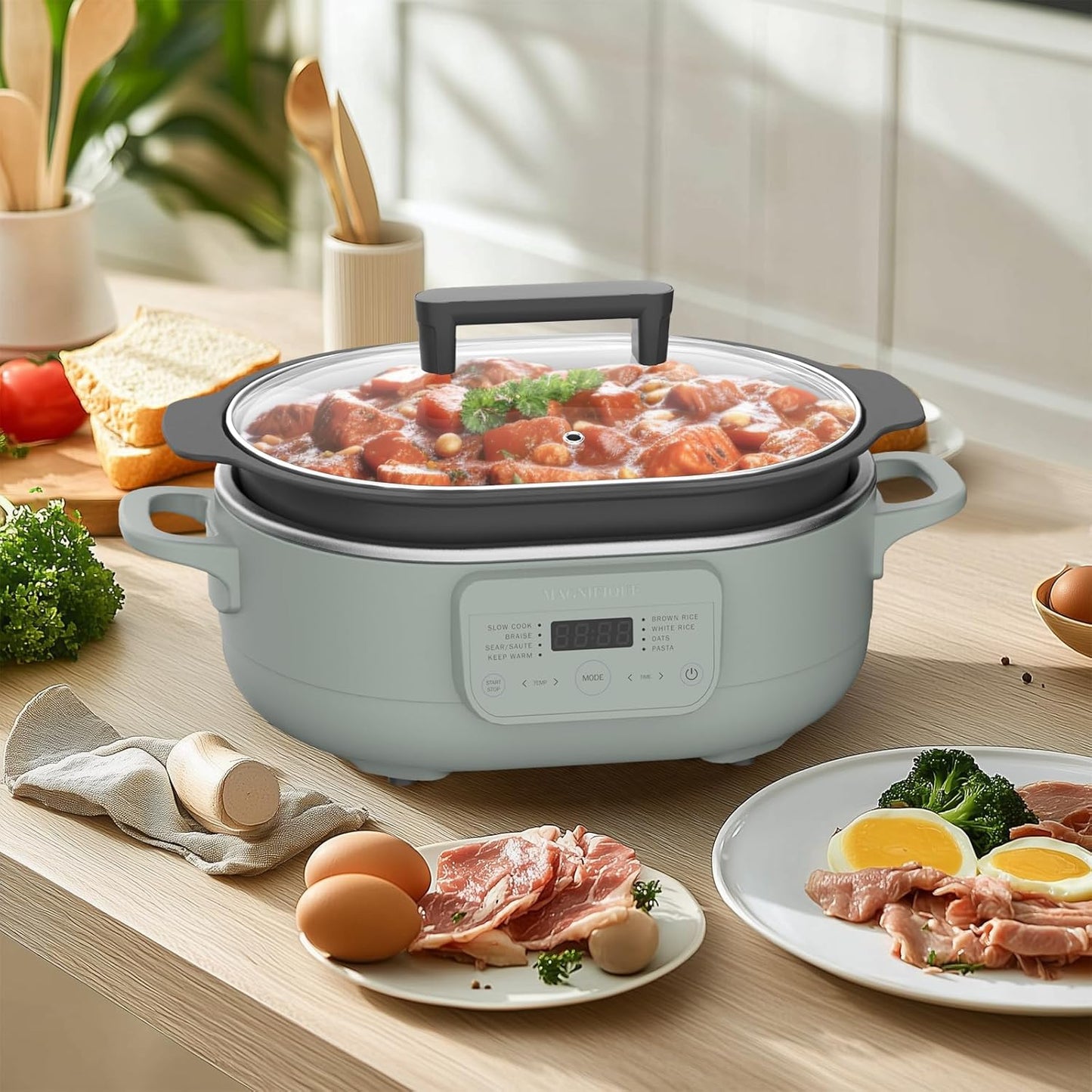 MAGNIFIQUE 6 Quart Multi-Cooker, with 8-in-1 Casserole Programmable Slow Cooker, Dutch Oven, Pasta, Nonstick, Oven Safe Pot to 500°F Olive Olive