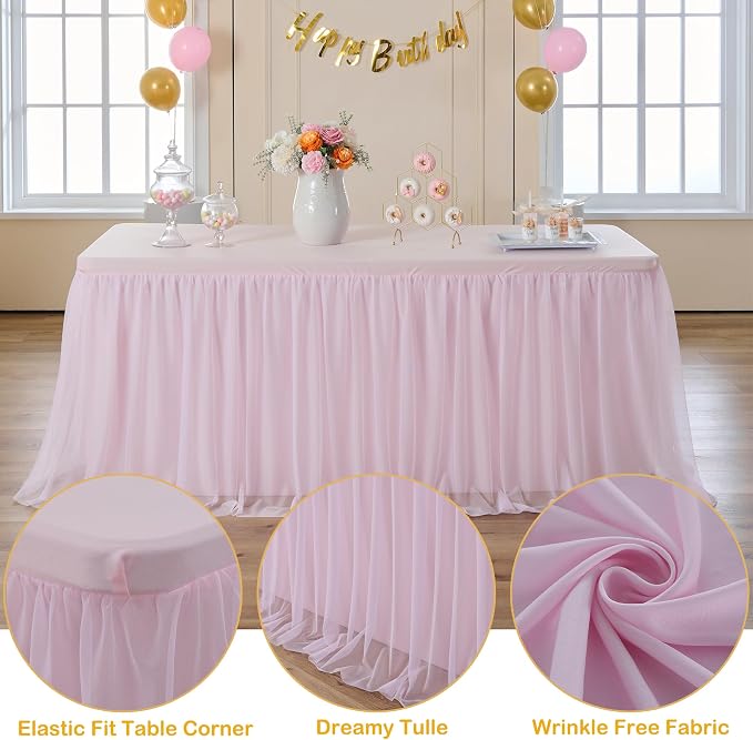 CO-AVE 4pack Pink Tulle Tablecloth for 6ft Rectangular Tables, 2-in-1 Elastic Stretch Spandex Cover with Tutu Ruffle Skirt, Wrinkle Free for Wedding, Birthday, Banquet, Buffet, Bridal Shower - Image 2
