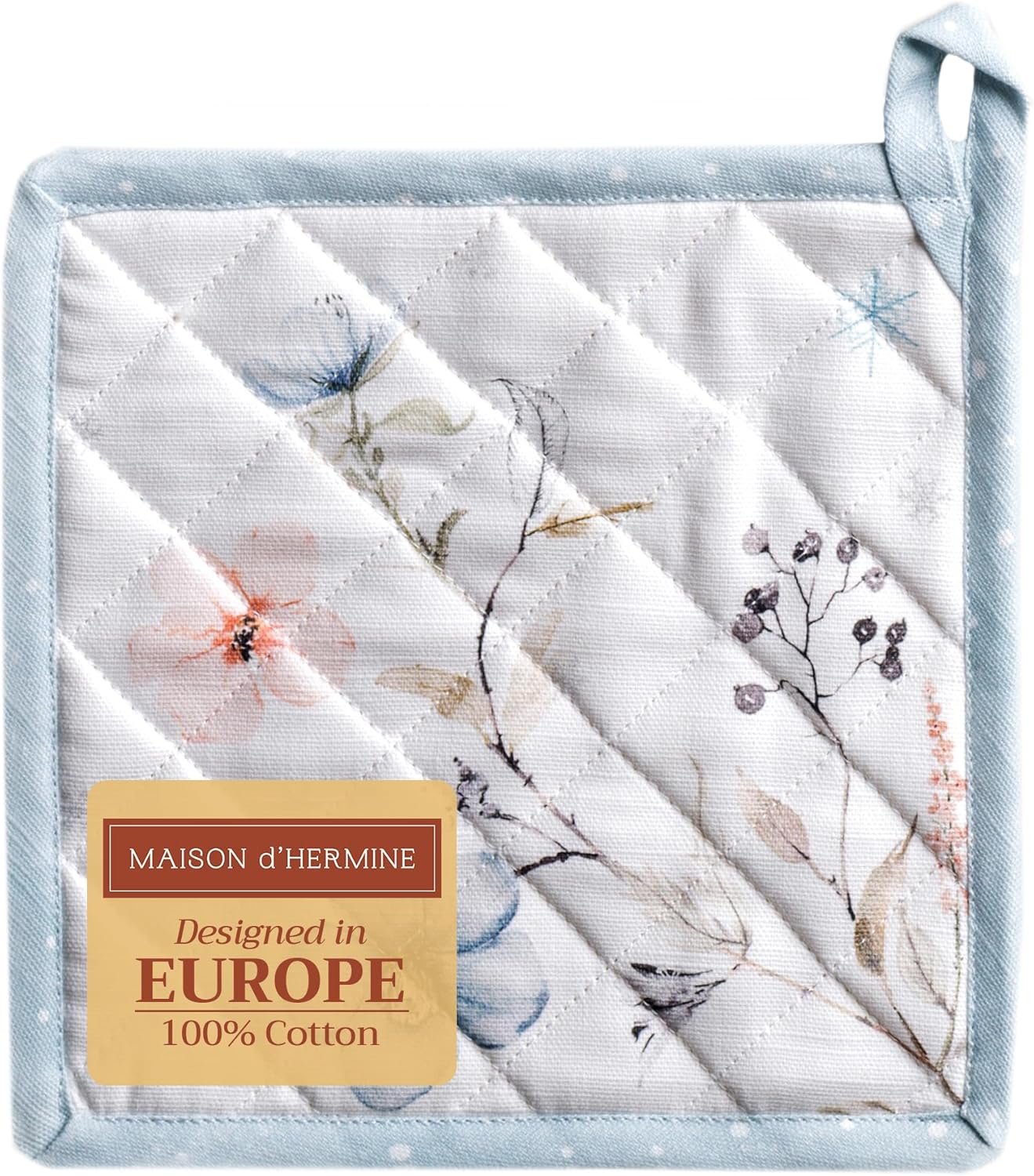 Maison d' Hermine Pot Holders 100% Cotton Heat Resistant Potholders 8" x 8" Hot Pads with Loop BBQ, Cooking, Baking, Grilling, Kitchen, Handling Hot Pans (Pack of 1, Ice Florals)