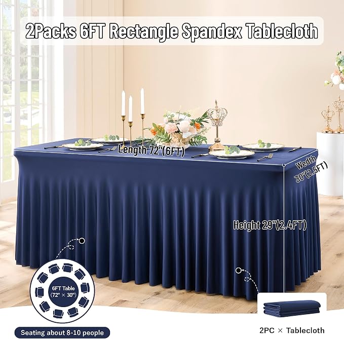 leegleri 2 Pack Navy Blue Spandex Table Clothes for 6 Foot Rectangle Tables, Wrinkle Free Fitted Table Cloth 6ft Stretch Tablecloths for Parties Weddings Birthday Banquet Baby Shower - Image 6
