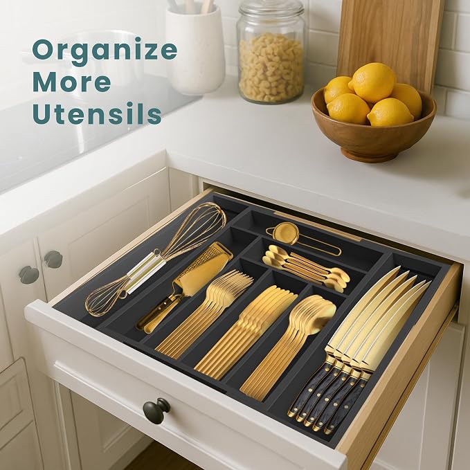 Sben Bamboo Cutlery Drawer Organizer, Black, Medium - Image 3