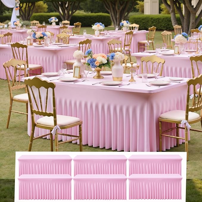 NSSONBEN 6 pk Baby Pink Spandex Tablecloth 6ft with Ruffle Table Skirt, Wrinkle Free Stretchy Fitted Tablecloths for 6 Foot Rectangle Tables, Elastic Spandex Table Covers for Weddings Parties Banquet by ENJOYYOURPARTY