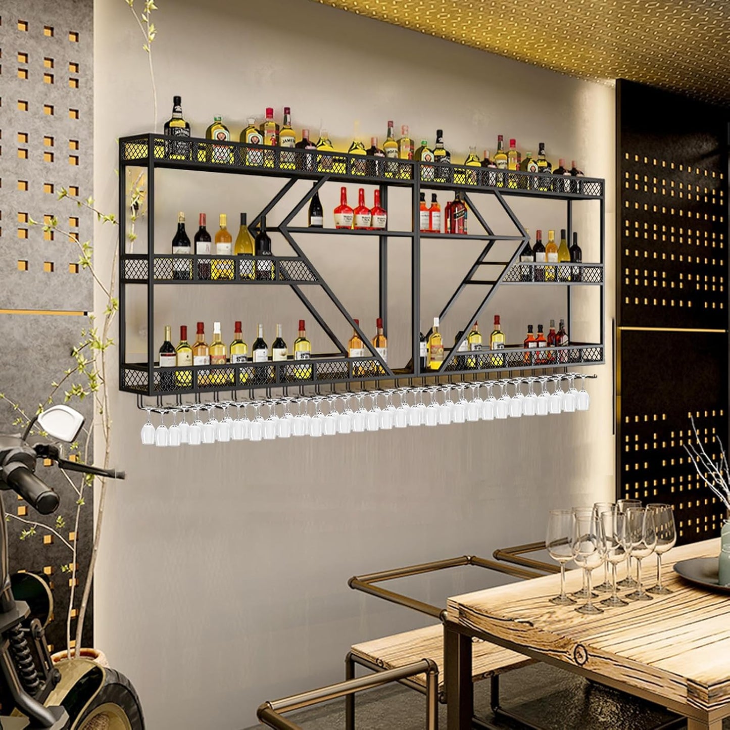 63in Metal Wine Rack Wall Mounted, Modern Wine Storage Rack Wall Mounted with Wine Glass Holder, Liquor Shelf, Bar Shelves for Liquor Bottles (3TIERS Black, 63 * 7.87 * 33.85INCH)