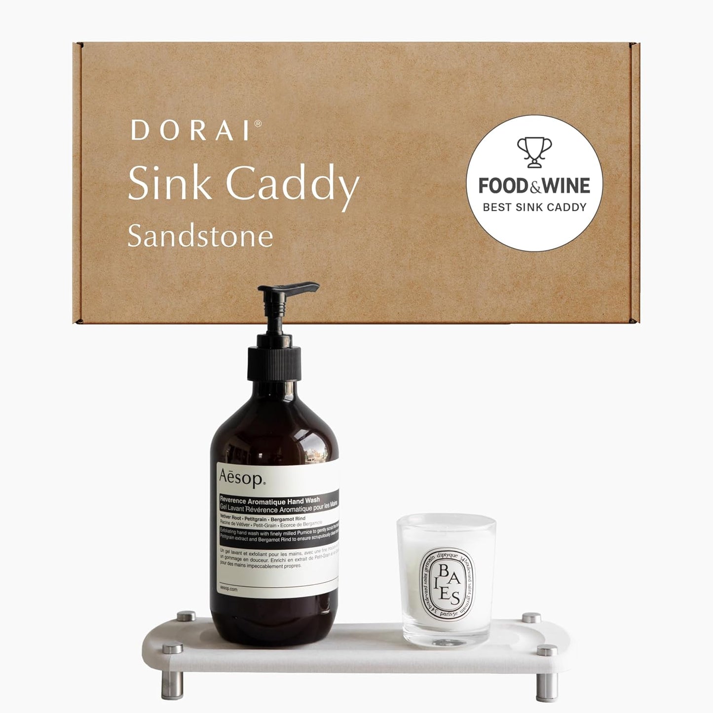 Dorai Home Sink Caddy – Water-Absorbing Stone Tray for Sink, Stainless Steel Feet, Fast-Drying, Sandstone