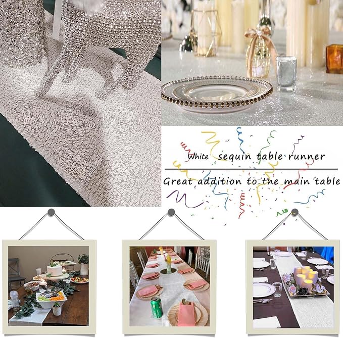 White Sequin Table Runner 12 Pack, 12''x72 Glitter Table Runner - Image 7