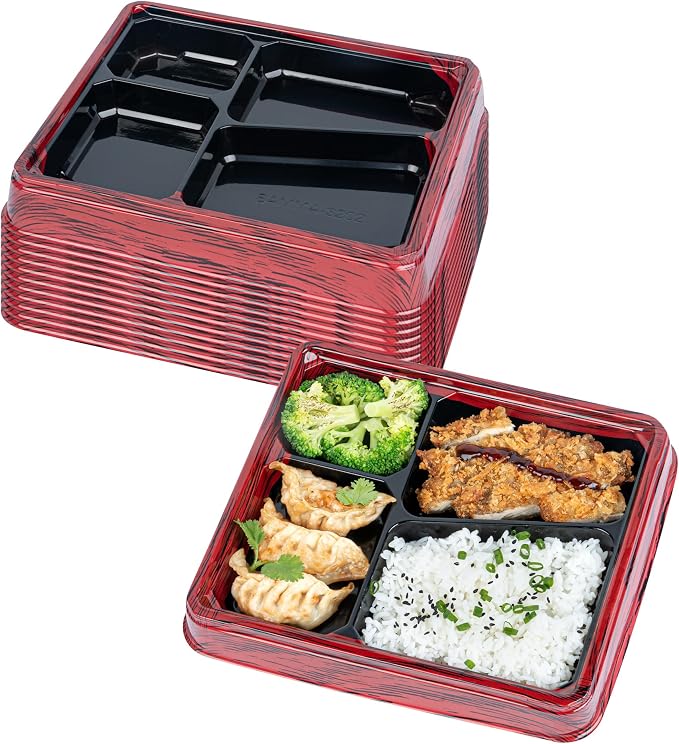 Restaurantware-Bento Tek 18.6 Ounce Meal Prep Containers, 100 Disposable To Go Food Boxes - Lids Sold Separately, 4 Compartments, Red And Black Plastic Bento Lunch Boxes, Freezable, For Take Out by Restaurantware