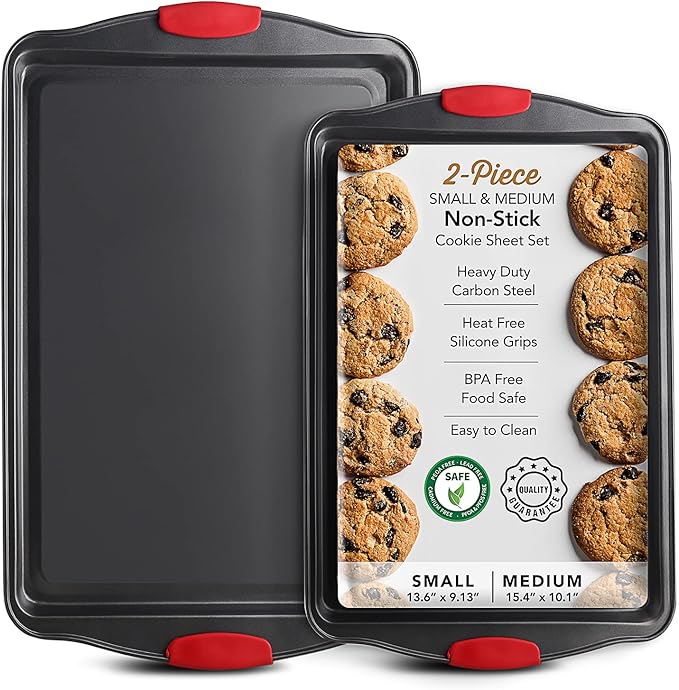 Baking Sheet Set, 2-Piece Cookie Sheet Set with Silicone Handles, Steel Baking Pan, Durable Baking Sheets for Oven, BPA Free Cookie Sheets for Baking Nonstick Set, Premium Sheet Pan, Black Baking Tray | Nonstick Bakeware Sets, Steel, Warp Resistant 450... by Eatex