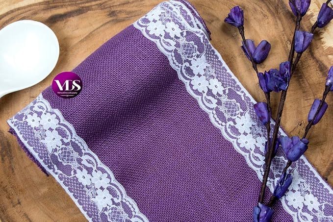 VDS Pack of 10, Burlap Table Runner with White Lace Edge, 100% Natural Jute Rustic Hessian Table Cloth Centerpiece for Wedding Birthday Party Banquet Table Decoration (Size 12X108 Inch)(Lavender) - Image 6