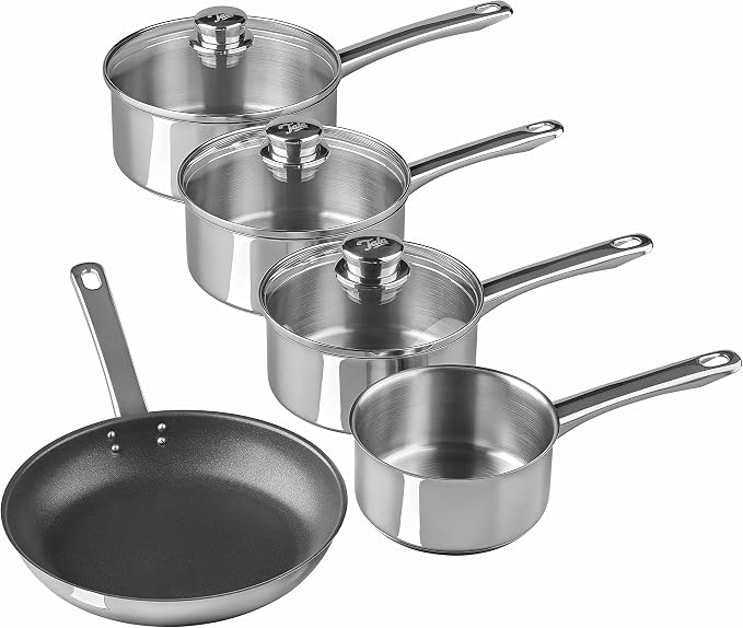 Tala Performance 5 Pc Stainless Steel Cookware Set containing Saucepans Glass lids, 16, 18 and 20cm. 14cm Milk pan, 24cm Non-Stick Fry Pan, 5 Pc Set, Polished Mirror Shine Finish - Image 4