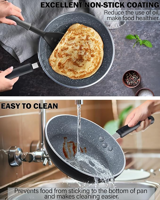 Cook N Home Professional 8/10/12 Inch Heavy Nonstick Frying Pan Set, Skillets with Non-Stick Coating, Induction, Compatible with All Cooktops, 3-Piece, Black/Marble - Image 6