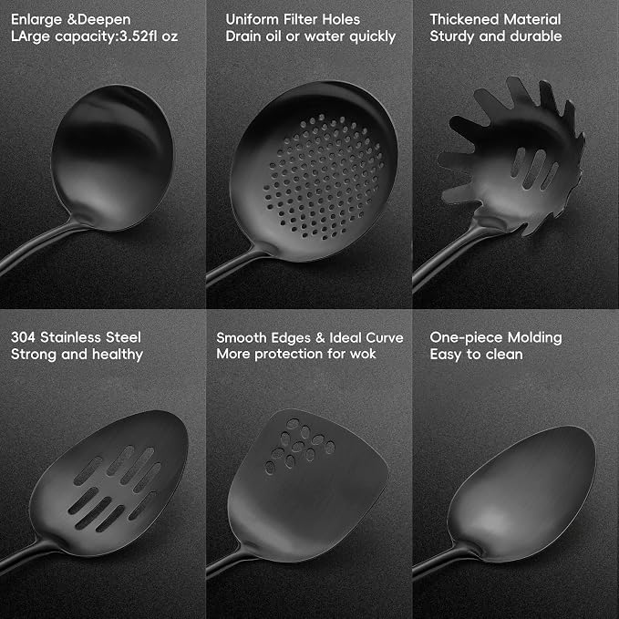 Izurok 18/10 Stainless Steel Kitchen Utensils Set,6 Piece Cooking Utensils With Wood Handle,Heat Resistant Kitchen Tool Set With Spatula, Spoon, Ladle, Skimmer, Slotted Spoon, Pasta - Image 3