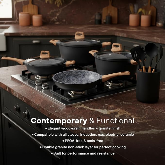 Kochstelle 10pcs Pots and Pans Set Nonstick with Wood Handles, Granite Cookware Set, Frying Pan, Saucepan and 3 Cooking Utensils - Image 3