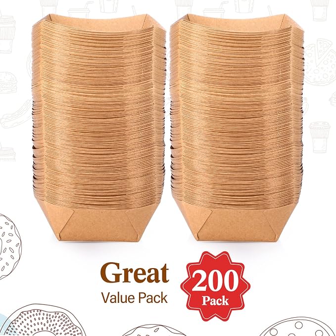 Sherr 200 Pcs 5 lb Kraft Paper Food Trays Boats Bulk, Disposable Nacho Kraft Paper Food Serving Trays Brown for Nachos, Tacos, Fries, Hot Dog, Corn, Bbq, Festivals, Party (Natural Wood) - Image 4
