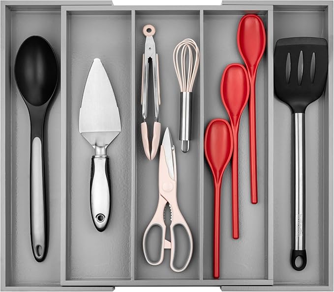 Purawood Kitchen Drawer Organizer - Expandable Utensil Drawer Organizer for Kitchen, Cutlery Tray & Silverware Organizer, 3-5 Slots - Bamboo Organizer for Utensils & Flatware (Grey) by PURAWOOD