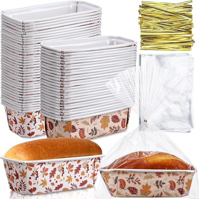 Hushee 50 Sets Fall Paper Loaf Pan 6.3 x 2.2 x 2.2 Inch Disposable Cake Pan Liners with Clear Plastic Bags and Ties Rectangle Paper Baking Mold for Thanksgiving Autumn Bread Cake Bakery (Leaves) by Hushee