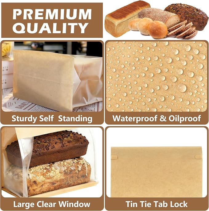 100 Pack Large Paper Bread Bags for Homemade Bread Sourdough Sandwich, 10.5x10.6x6.1 Inch Resealable Tin Tie Tab Lock Bread Loaf Bakery Bag with Window, Baked Goods Packaging for Gifting and Bake Sale - Image 4