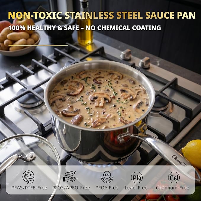Ciwete 3 Qt Stainless Steel Saucepan with Glass Strainer Lid, 3 Quart Pot Stainless Steel Sauce Pan with Pour Spout, Mirror Polishing, Compatible with All Cooktops Dishwasher Safe Oven Safe - Image 6
