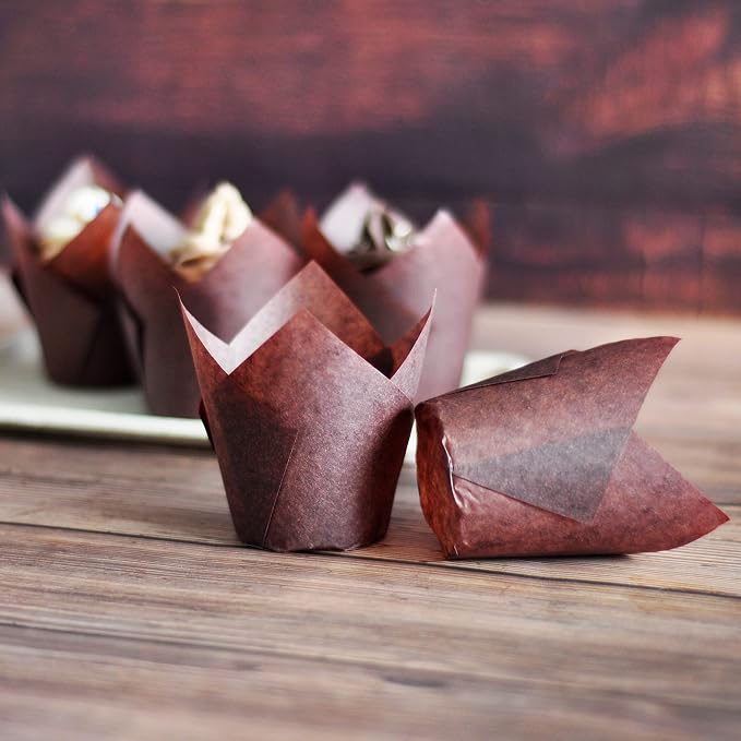Large size Brown Tulip Baking Cups 2-1/4"(Base diameter) x 4"(Wall height) Greaseproof paper baking cupcake Muffin liners, Case of 130 pcs - Image 4
