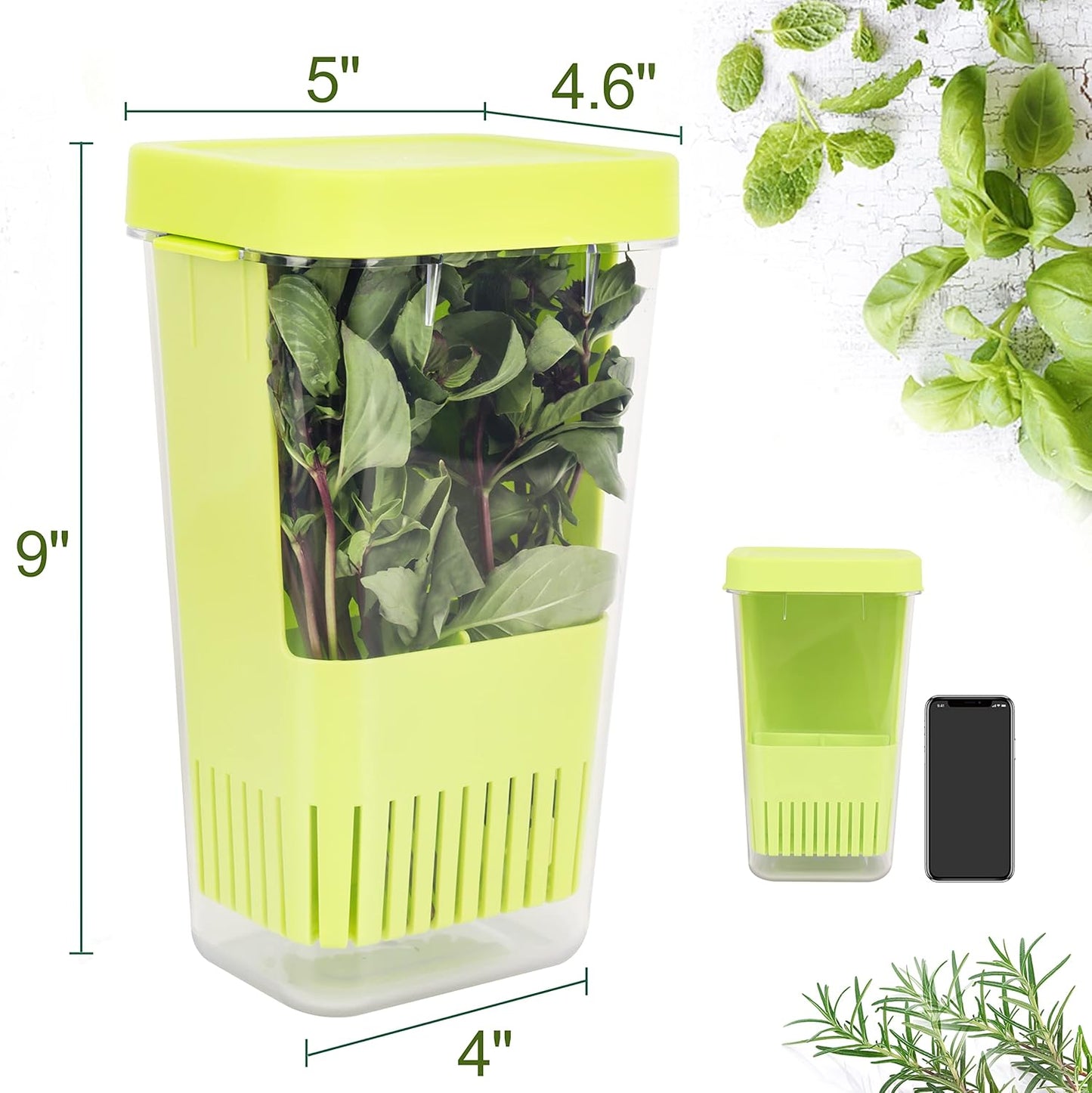 Herb Keeper, BPA-Free Plastic Herb Saver with an Inner Basket for Cilantro, Mint, Parsley, and Asparagus, Keeps Fresh Herbs for 3 Times Longer,1Pcs, Green