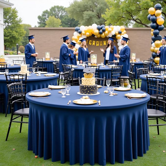 6 Pack Navy Blue Round Spandex Tablecloths for 60 inch Table, Wrinkle Free Stretchy 120inch Fitted 5FT Round Table Cloths Cover with Skirt for Wedding Birthday Party Dining Banquet Events - Image 5
