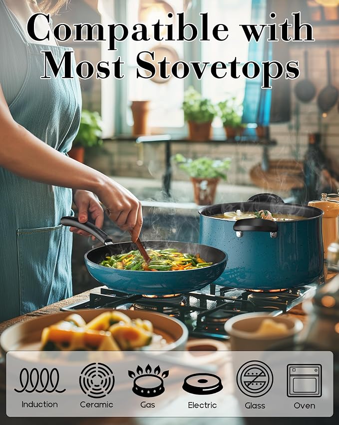 Cook N Home Professional Pots and Pans Nonstick Cookware Set, Belly Shape Kitchen Cooking Set with Frying Pans and Saucepans, Induction Compatible, 10-Piece, Turquoise - Image 3