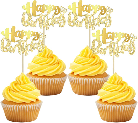 Ephlyn 24Pcs Gold Metallic Happy Birthday Cupcake Toppers for Birthday, Baby Shower & Anniversary Parties