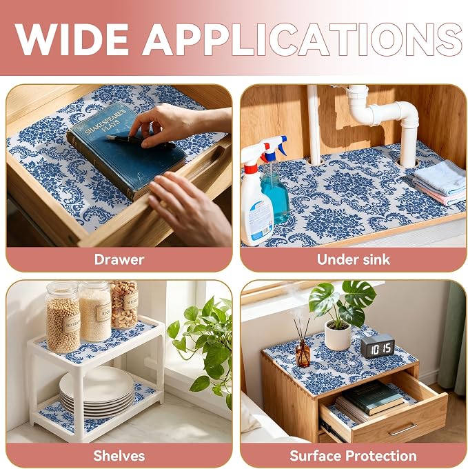 RAY STAR 18" x 24 Ft Shelf Liner for Kitchen Cabinets, Non-Adhesive Cabinet Liner Washable, Drawer Liner for Dresser Non-Slip Bathroom [Blue Damask] - Image 6