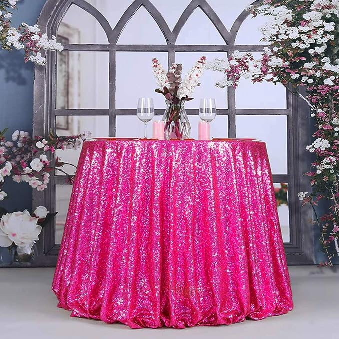 JYFLZQ Hot Pink Sequin Tablecloth, Glitter Party Table Cover 108 Inch Round - Image 2