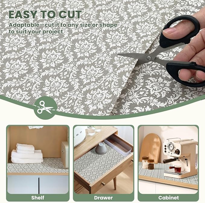 Drawer Liner and Shelf Liner for Kitchen Cabinet Liner Non-Adhesive Non-Slip Shelf Paper, Thick Strong Grip Waterproof Easy to Clean for Shelves, Cupboard, Desks, Baroque Pattern, 12 in x 10 FT - Image 4