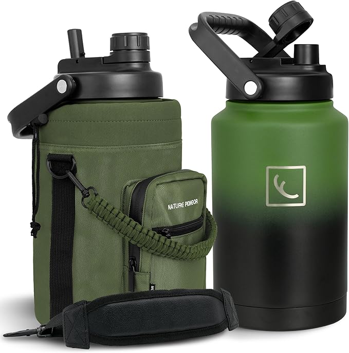 NATURE PIONEOR 1 Gallon (128oz) Insulated Water Bottle Jug with Carrier Bag | 18/8 Food-grade Stainless Steel, Double Vacuum Insulation, Wide-Mouth, Straw & Spout Lid, Strap, Camping, Hiking, Gym, Work by NATUREPIONEOR