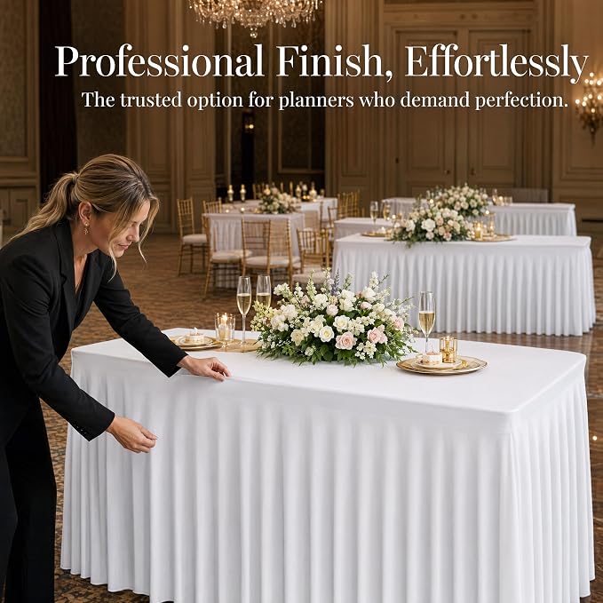 3 Pack White Spandex 6ft Rectangle Tablecloths with Skirts - Image 5