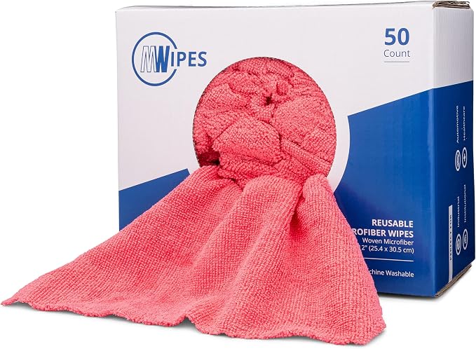 Microfiber Wholesale Microfiber Shop Towels | MWipes Reusable Red Shop Rags | 50 Rags in a Box | Super Absorbent, Machine Washable Hundreds of Times | Automotive, Paint, Industrial, Detailing by MicrofiberWholesale