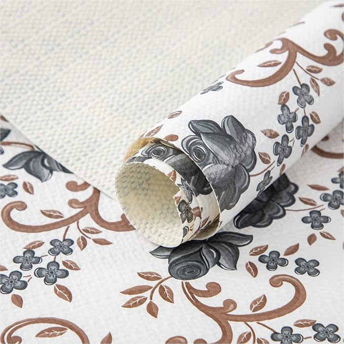 FIFTY FEET 18X96 Inch Shelf Liner for Kitchen Cabinets, PVC Drawer Liner for Dresser Non-Slip Bathroom, Non-Adhesive Cabinet Liner Washable (Black Floral)(1 Roll) by FIFTYFEET