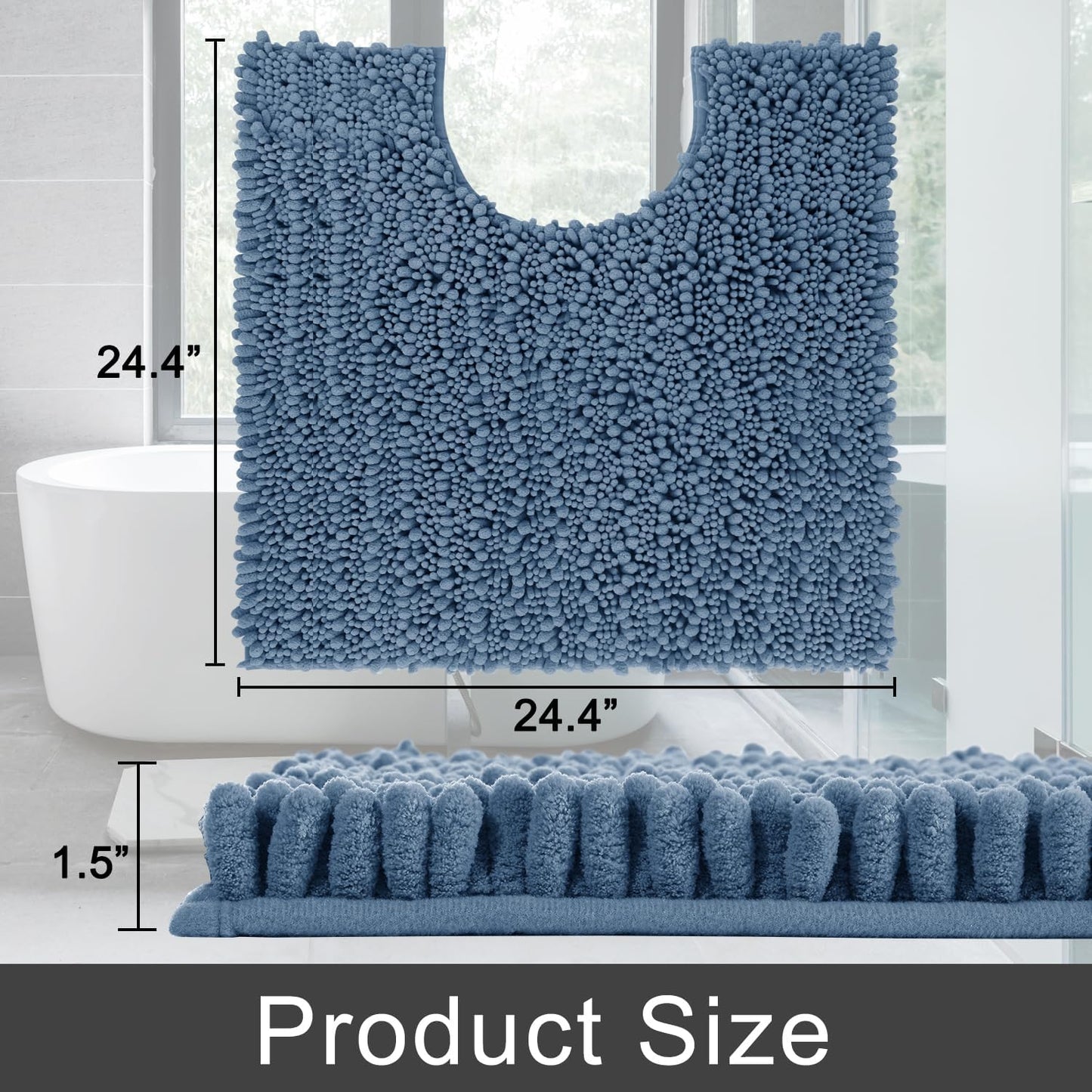 Yimobra Toilet Rug U Shaped Washable 24x20 Inch - Ultra Soft Absorbent Chenille Bath Rugs for Toilet, Quick Dry & Machine Washable, Non Slip Contour Bathroom Mat, Denim Blue